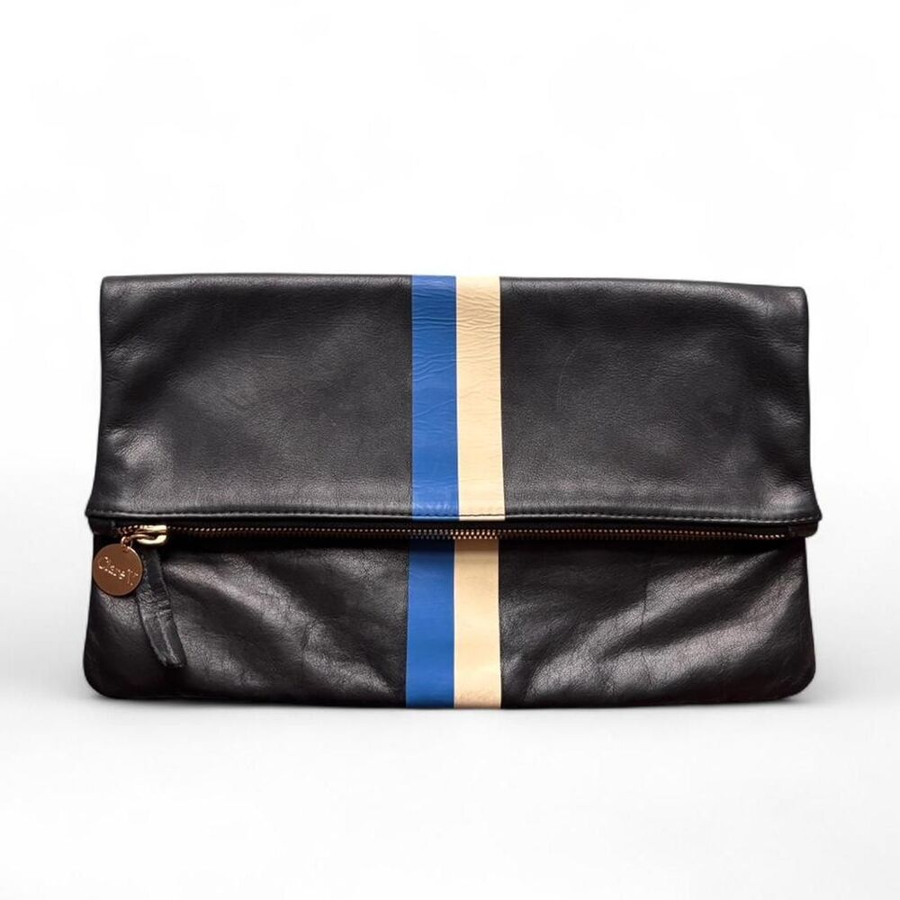Clare V. Foldover Clutch Black Leather Blue & Cream Racing Stripe